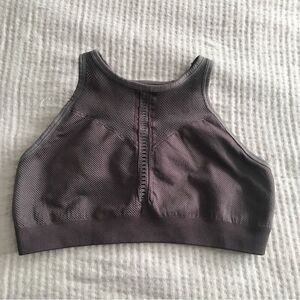 New NUX Racerback Sports Bra Medium Gray High Neck Shredded Cutout Halter‎